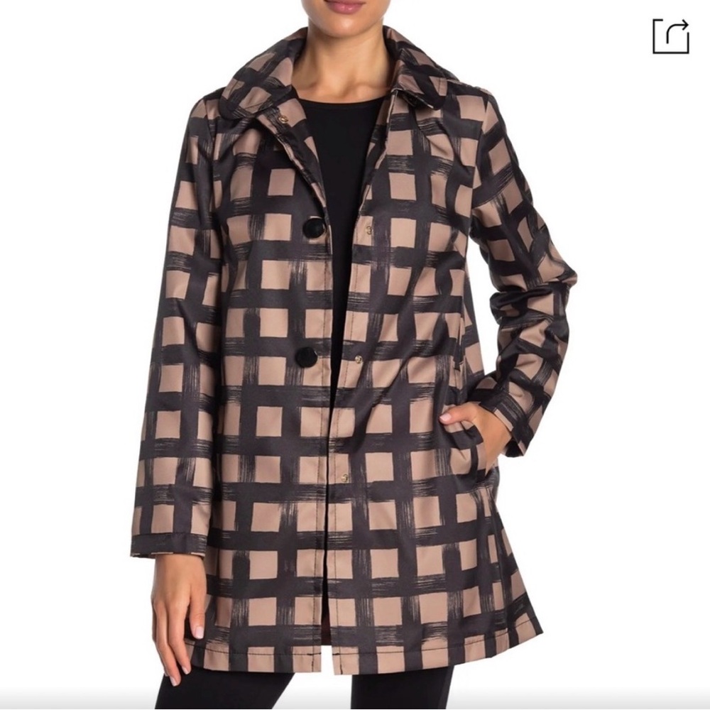Kate Spade Grid Print Hooded Snap Rain Jacket